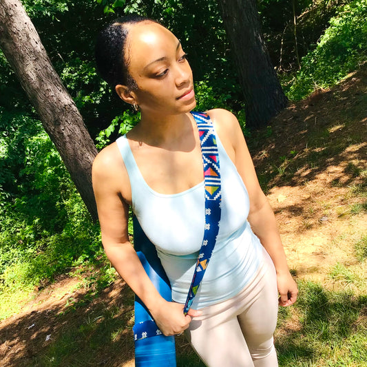 Adjustable 2-in-1 Yoga Mat Carrying Strap - Blue Multicolored Tribal Geometric